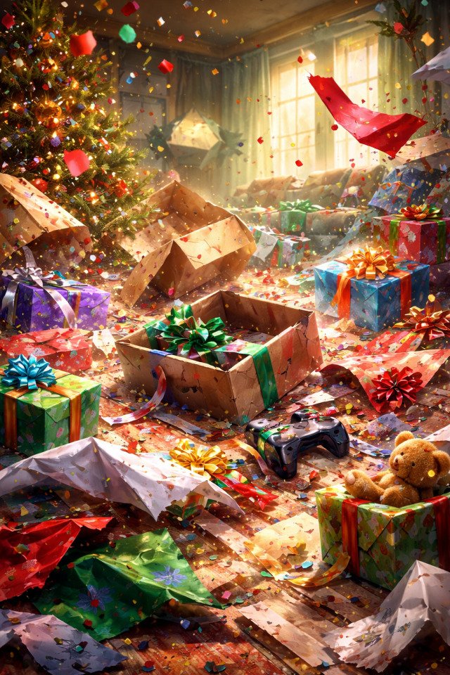 After ChristmasBoxes ripped wildlyPaper thrown about madlyWi